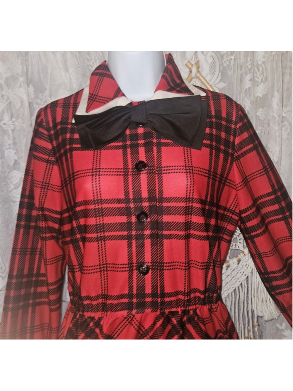 Vintage Herman Marcus Red Tartan Plaid Bow Midi Dress XS USA Made - Picture 5 of 10